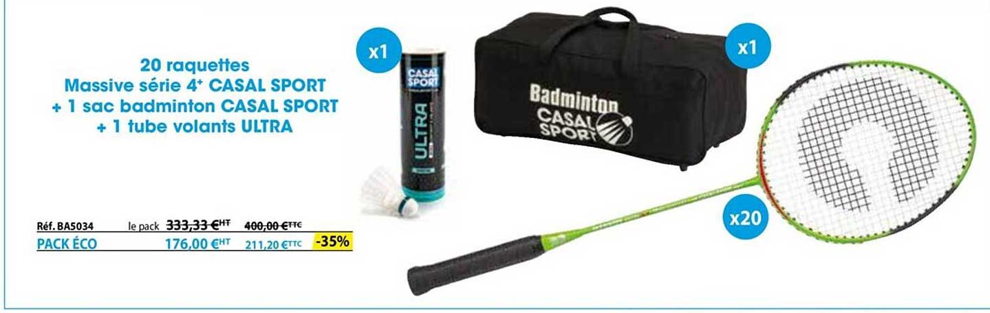 20 raquettes massive série 4+ casal sport + 1 sac badminton casal sport  + 1 tube volants ultra
