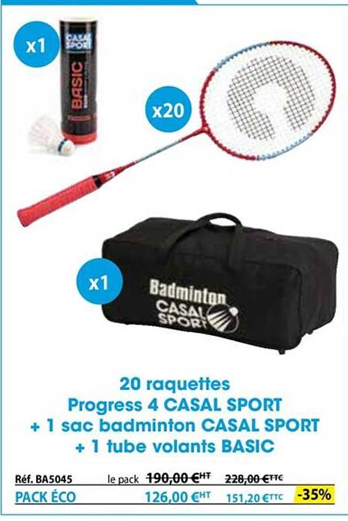 20 raquettes progress 4 casal sport  + 1 sac badminton casal sport  + 1 tube volants basic