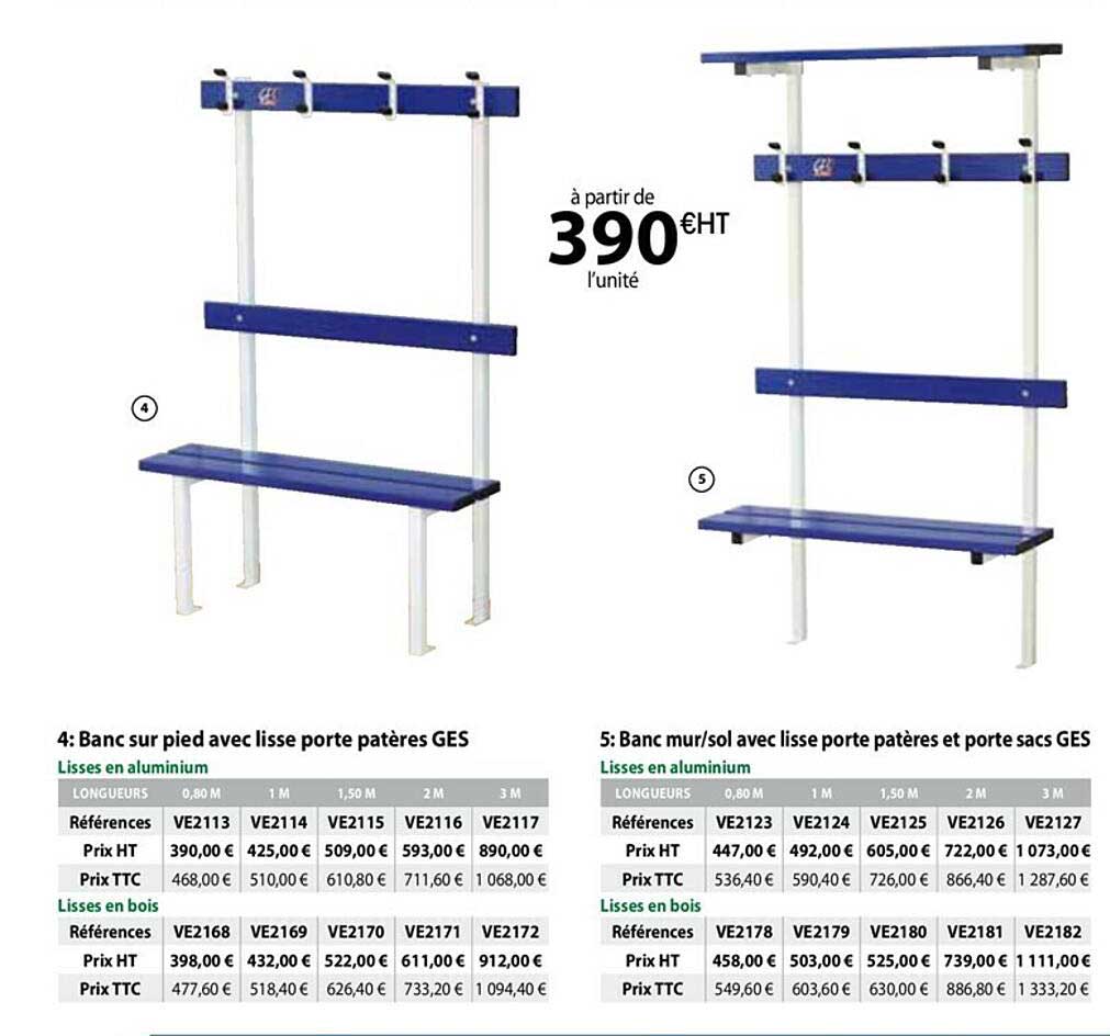 banc sur pied avec lisse porte patères ges, banc mur-sol avec lisse porte patères et porte sacs ges
