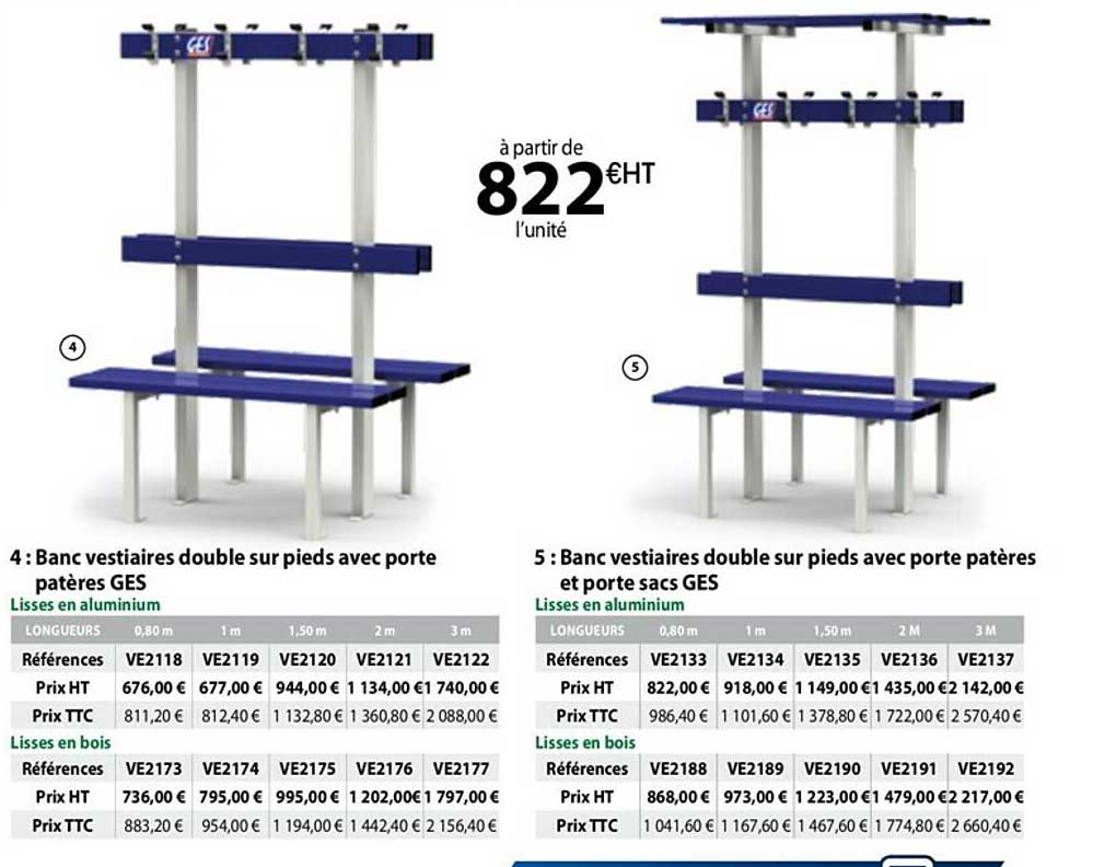 banc vestiaires double sur pieds avec porte patère ges , banc vestiaires double sur pieds avec porte patères et porte sacs ges