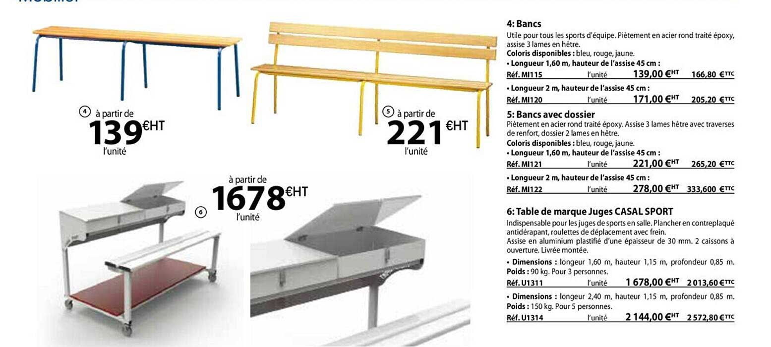 bancs ou bancs avec dossier ou table de marque juges casal sport