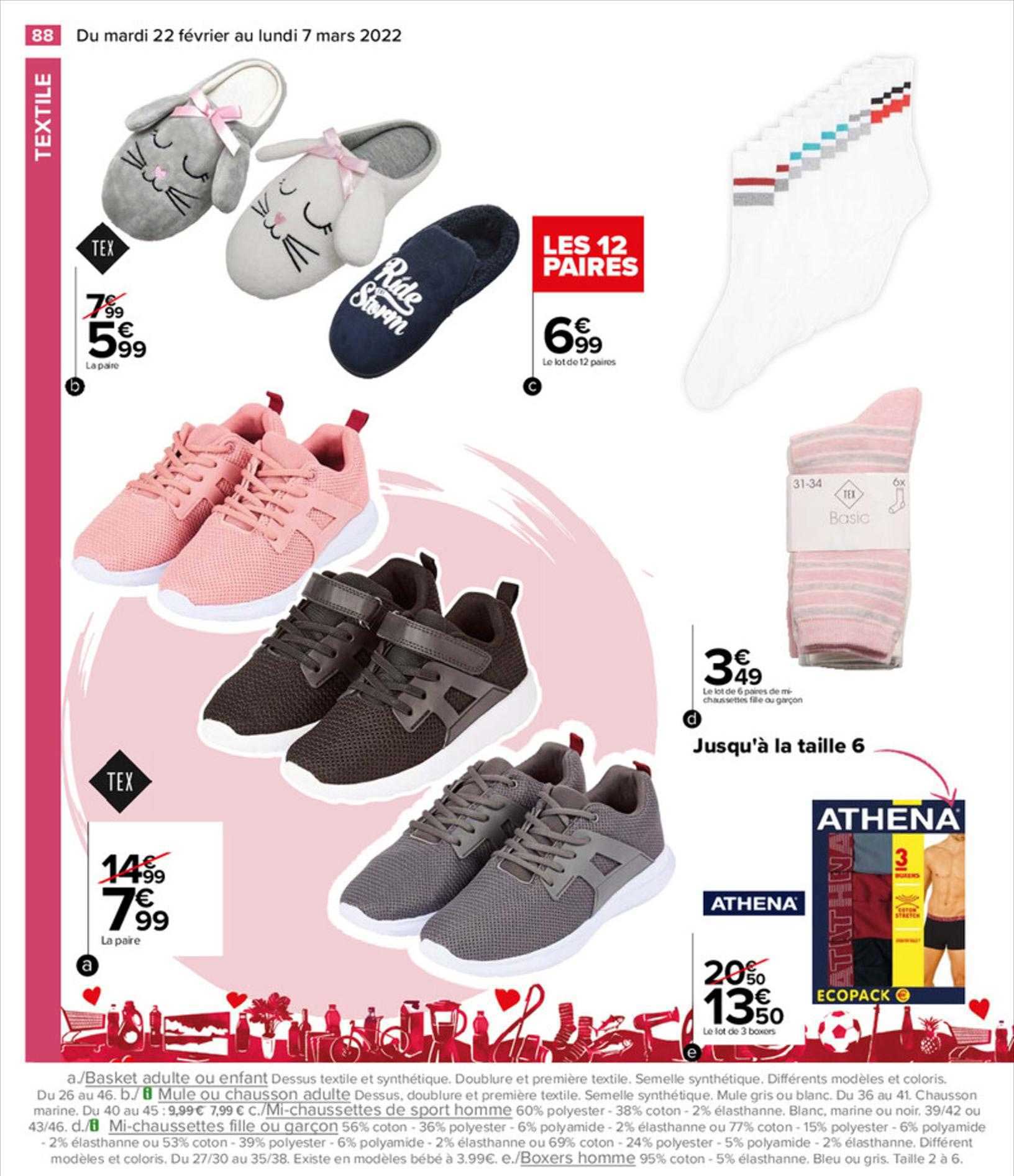 basket adulte ou enfant, mule ou chausson adulte, mi-chaussettes de sport homme, boxer's homme