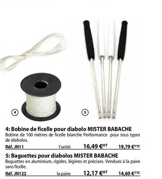 bobine de ficelle pour diabolo mister babache, baguettes pour diabolos mister babache