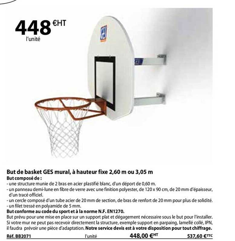 but de basket ges mural, à hauteur fixe 2,60 ou 3,05 m