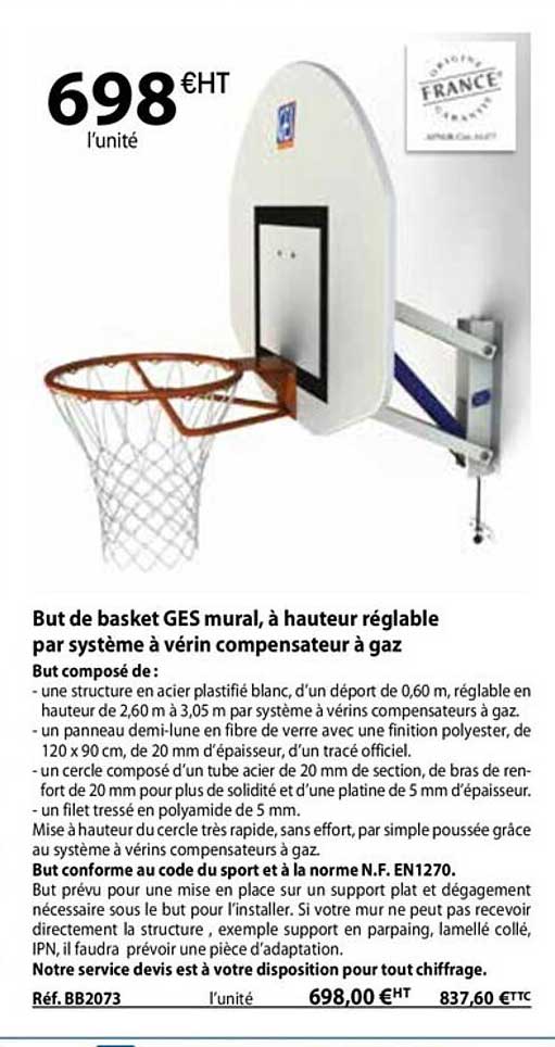but de basket ges mural, à hauteur réglable