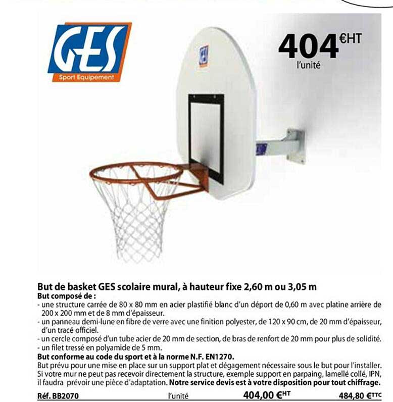 but de basket ges scolaire mural, à hauteur fixe ges
