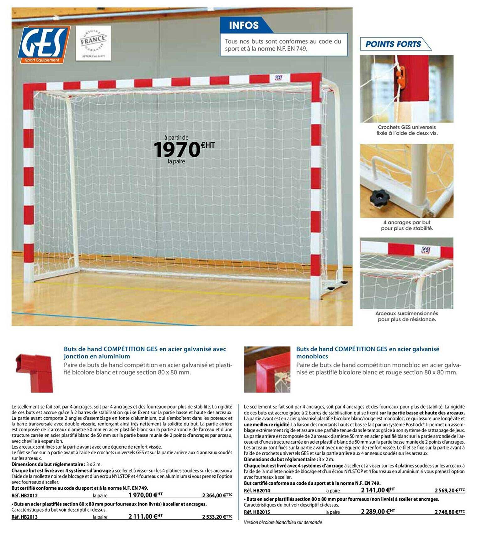 buts de hand compétition ges en acer galvanisé monoblocs ou avec jonction en aluminium