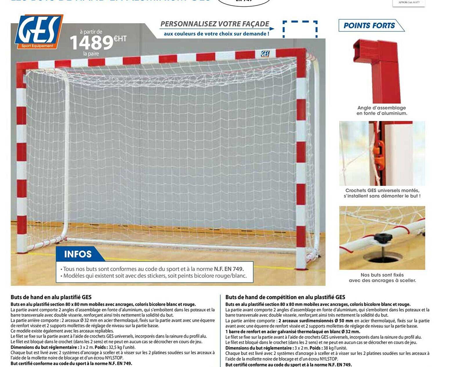 buts de hand en alu plastifié ges ou buts de hand de compétition en alu plastifié ges