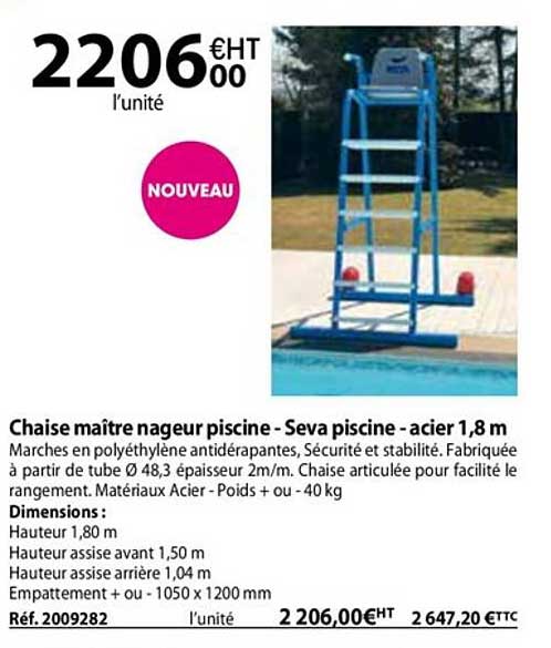chaise maître nageur piscine - seva piscine - acier 1,8 m