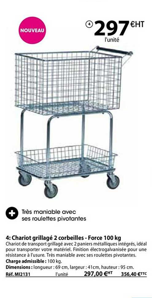 chariot grillagé 2 corbeilles - force 100 kg