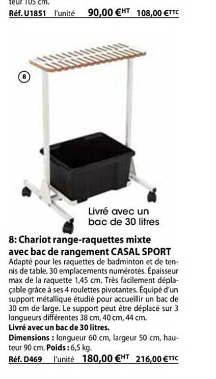 chariot range-raquettes mixte avec bac de rangement casal sport