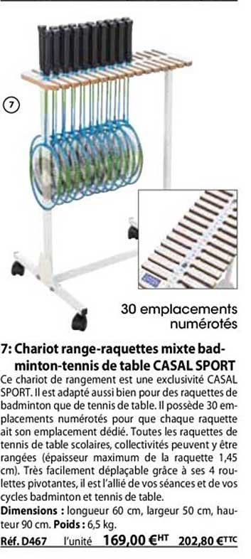 chariot range-raquettes mixte badminton-tennis de table casal sport