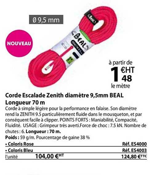 corde escalade zenith diamètre 9,5mm beal longueur 70 m