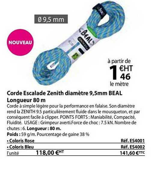 corde escalade zenith diamètre 9,5mm beal longueur 80 m