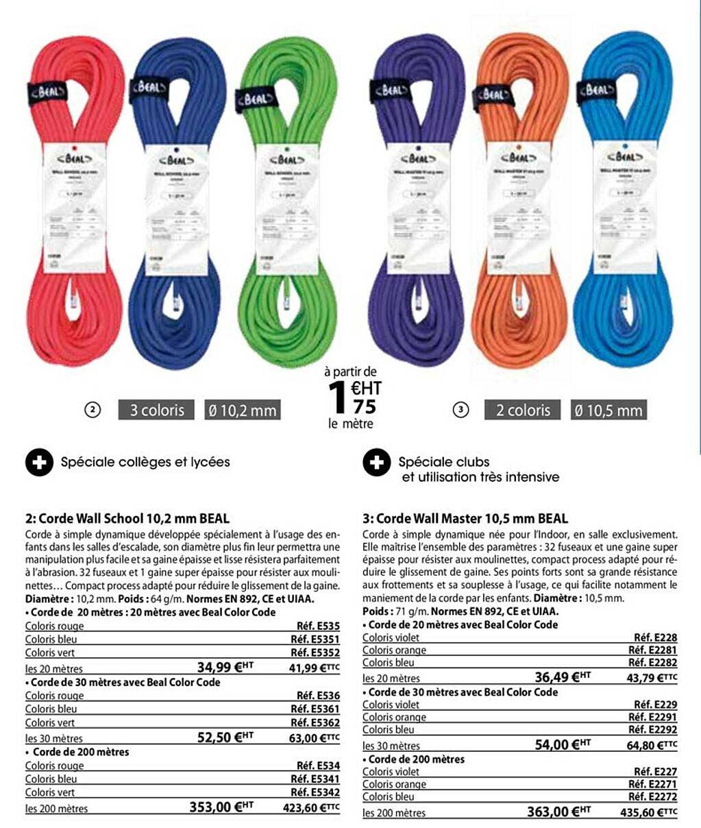corde wall school 10,2 mm beal, corde wall master 10,5 beal