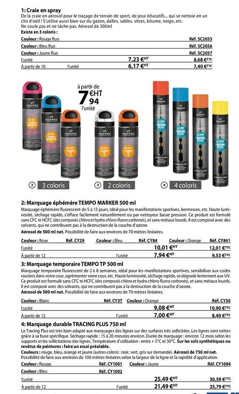 craie en spray, marquage éphémère tempo marker 500 ml, marquage temporaire tempo tp 500 ml, marquage durable tracing plus 750 ml