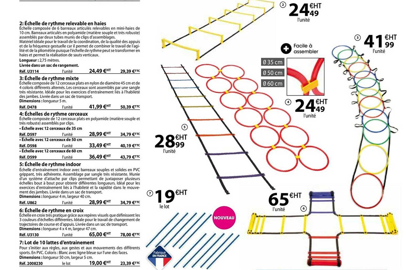 échelle de rythme relevable en haies, échelle de rythme mixte, échelle de rythme cerceaux, échelle de rythme indoor, échelle de rythme en croix, lot de 10 lattes d'entraînement