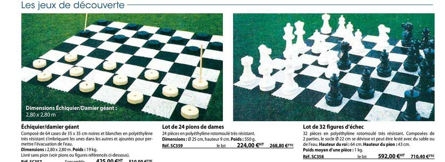 échiquier - damier géant, lot de 24 pions de dames, lot de 32 figures d'échec