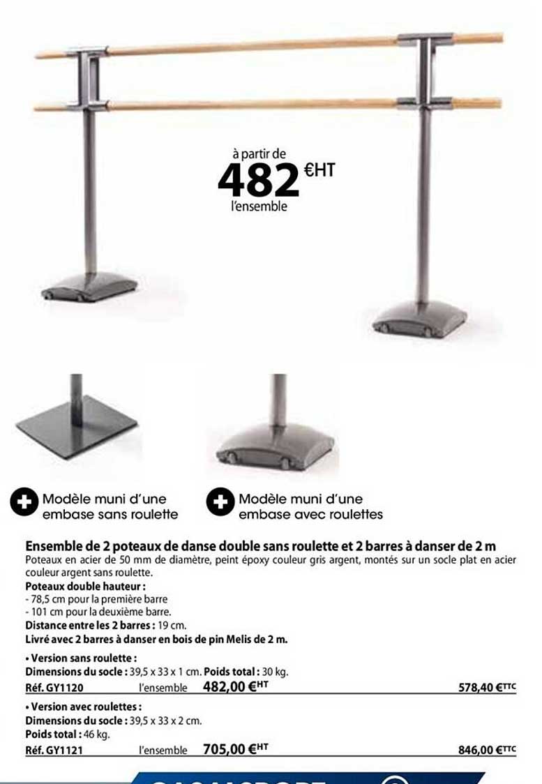 ensemble de 2 poteaux de danse double sans roulette et 2 barres à danser de 2 m