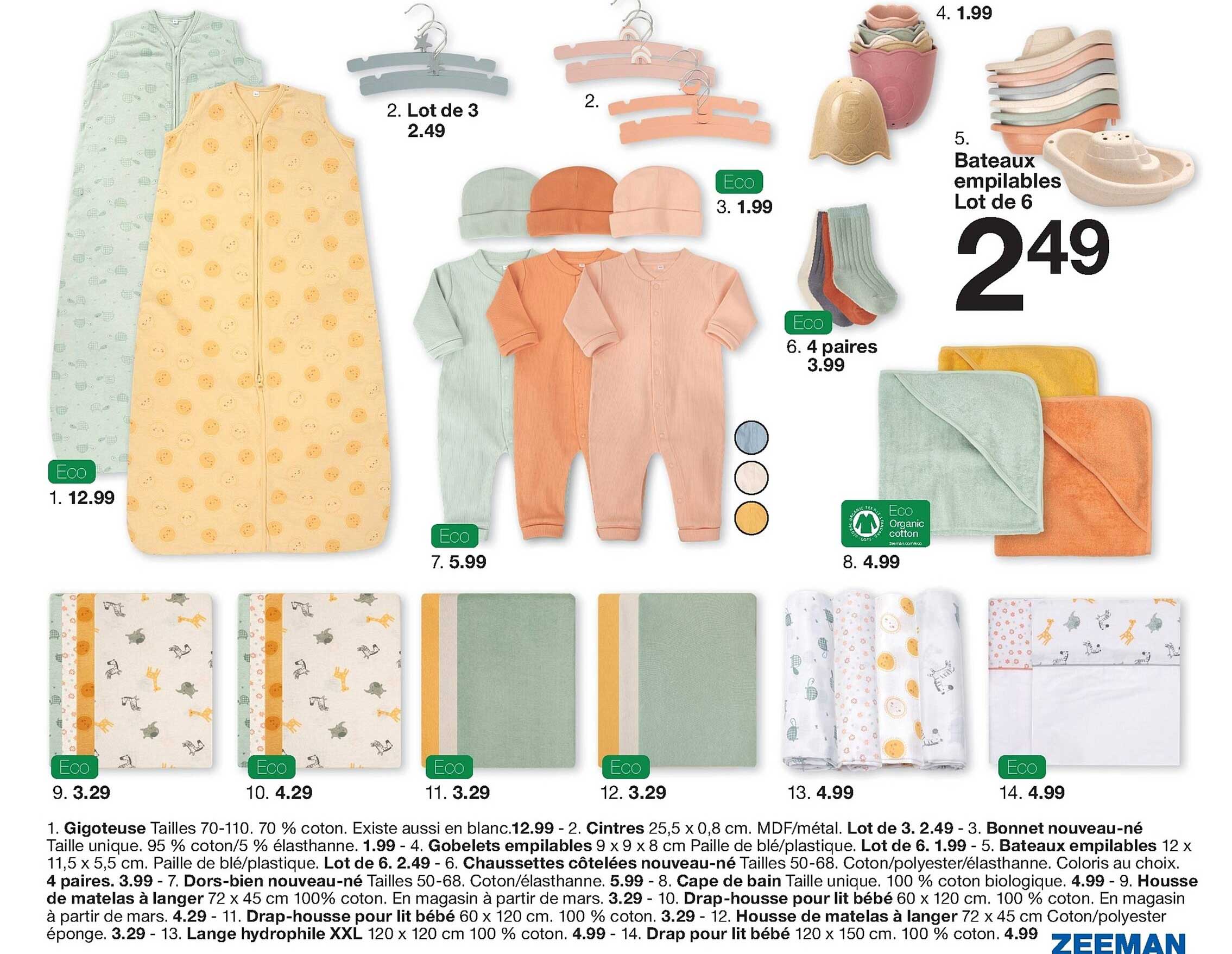 gigoteuse, cintres, bonnet nouveau-né, gobelets empilables, bateaux empilables, chaussettes côtelées nouveau-né, dors-bien nouveau-né, cape de bain, housse de matelas à langer, drap-housse