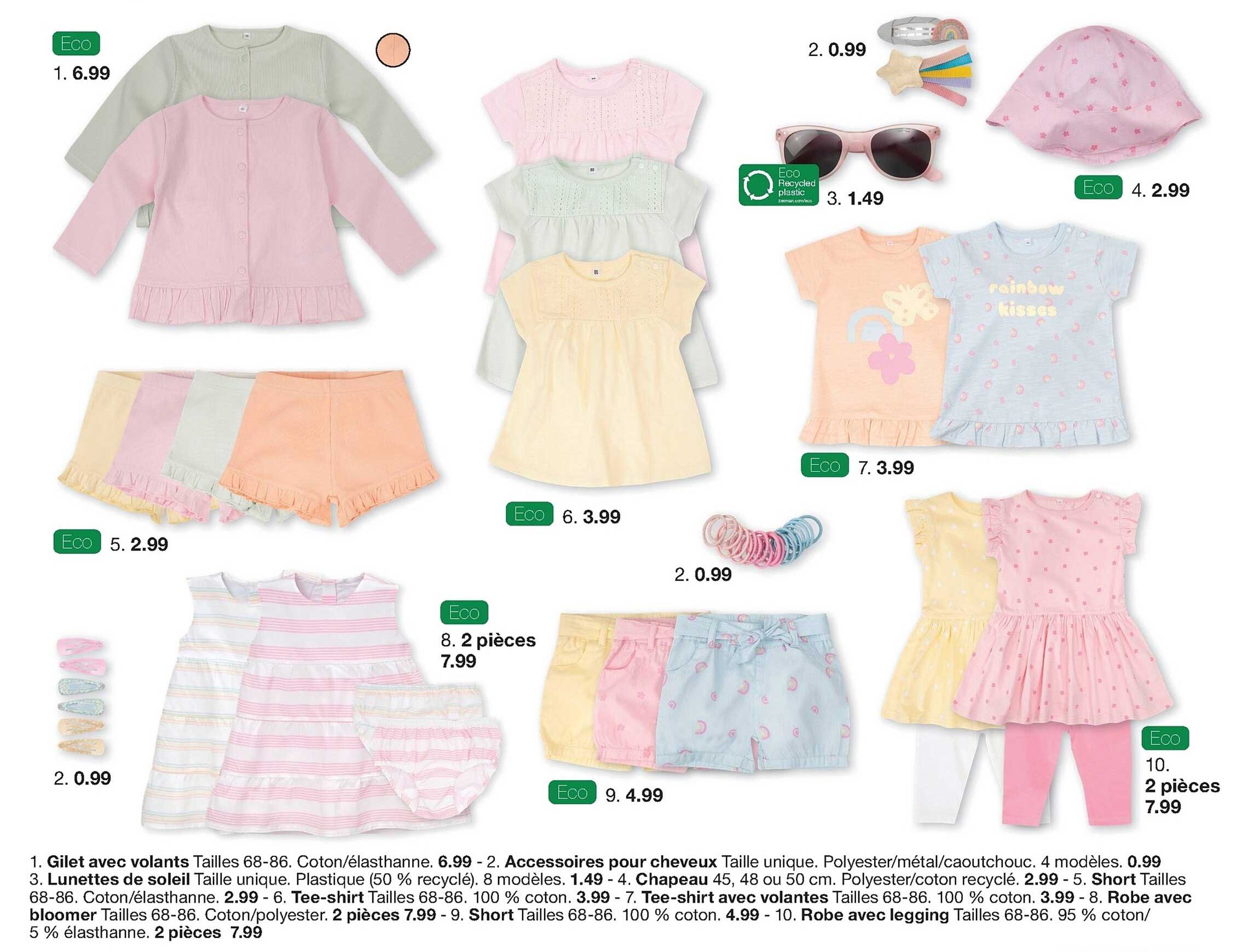 gilet avec volants, accessoires pour cheveux, lunettes de soleil, chaêau, tee-shirt avec volantes, robe avec legging