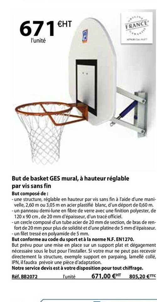 gut de basket ges mural, à hauteur réglable par vis sans fin