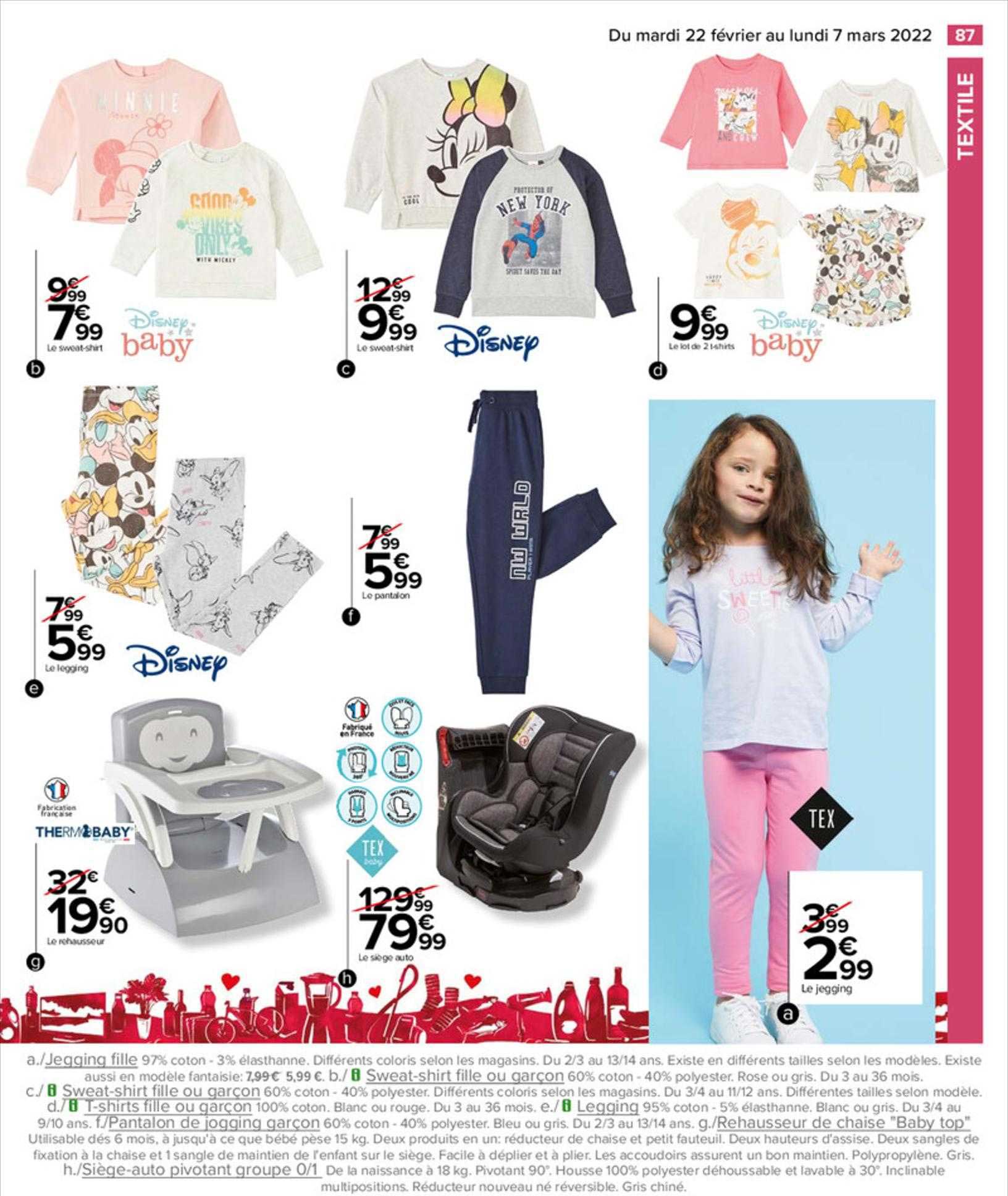 jegging fille, sweat-shirt fille ou garçon, sweat-short fille ou garçon, t-shirts fille ou garçon, pantalon de jogging garçon, réhausseur de chaise "baby top", siège-auto pivotant groupe