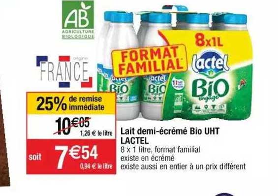 lait demi-écrémé bio uht lactel
