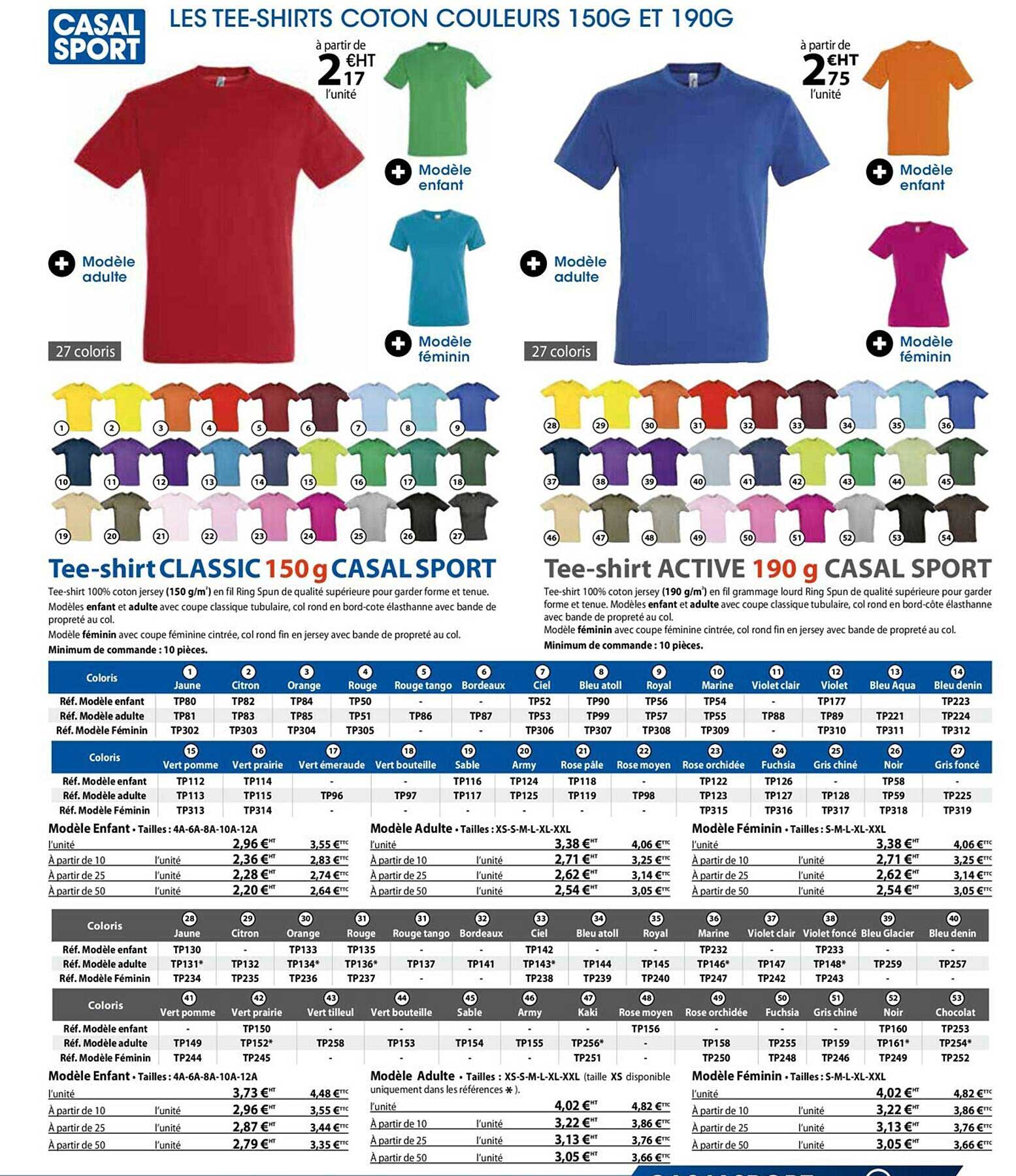 les tee-shirts coton couleurs 150g et 190g