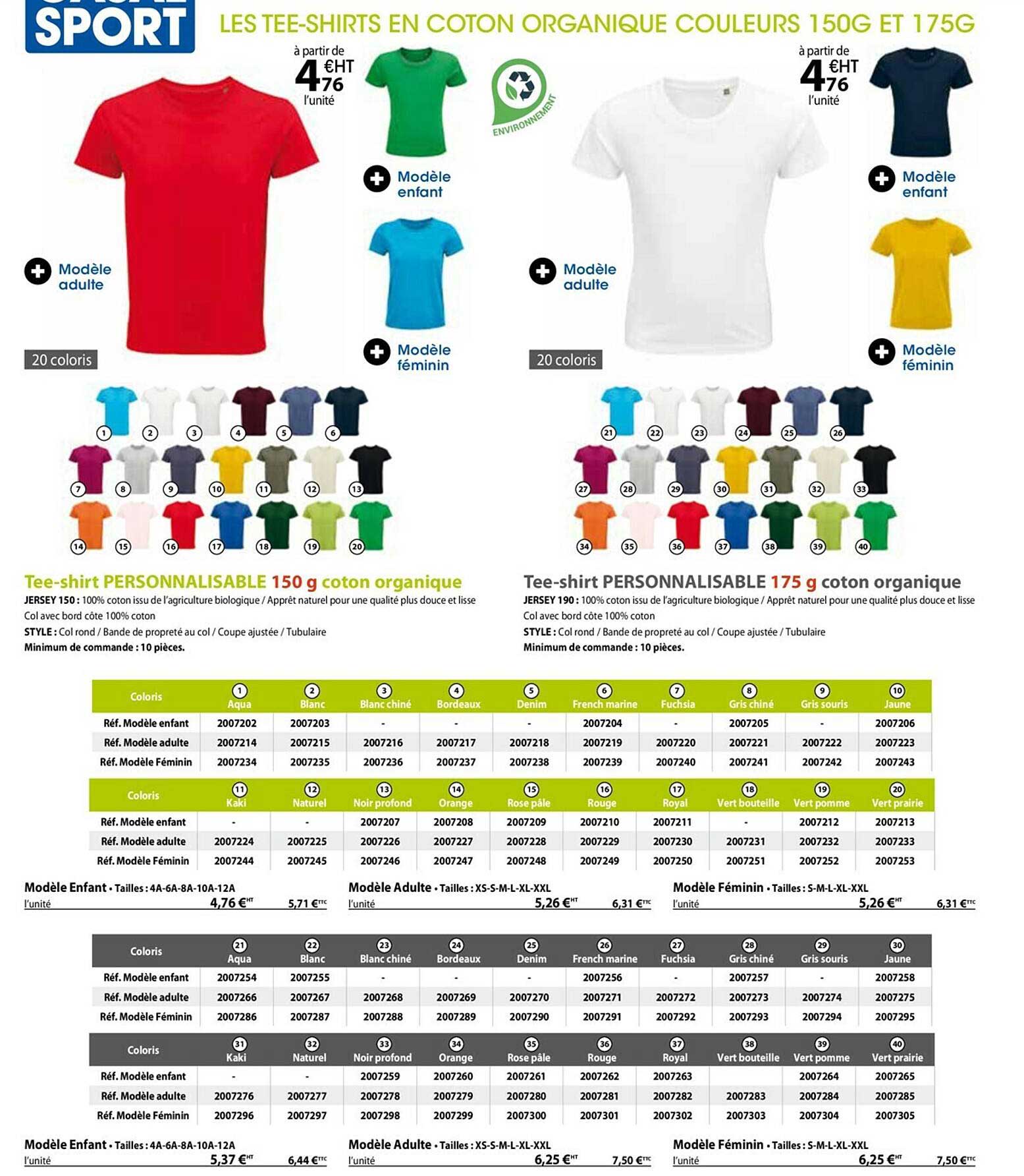 les tee-shirts en coton organique couleurs 150g et 175g