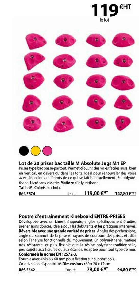 lot de 20 prises bac taille m absolute jugs m1 ep, poutre d'entraînement kinéboard entre-prises