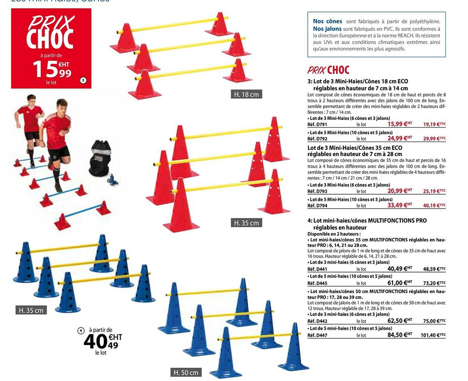 lot de 3 mini-haies - cônes 18cm éco, lot de 3 mini-haies-cônes 35 cm éco réglables en hauteur de 7 cm à 28 cm, lot mini-cônes multifonctions pro réglables en hauteur