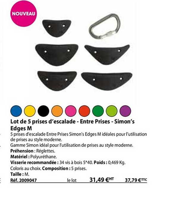 lot de 5 prises d'escalade - entre prises - simon's edges m