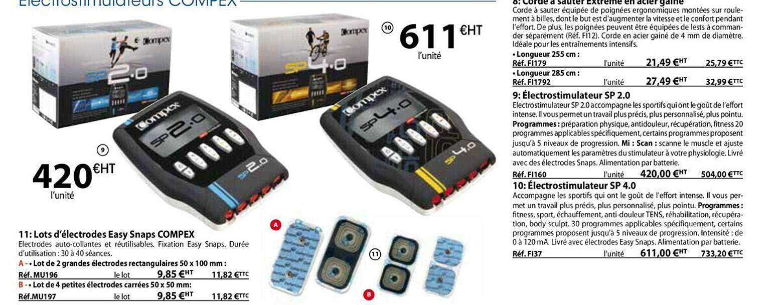 lots d'électrodes easy snaps compex, électrostimulateur sp 2.0, électrostimulateur sp 4.0