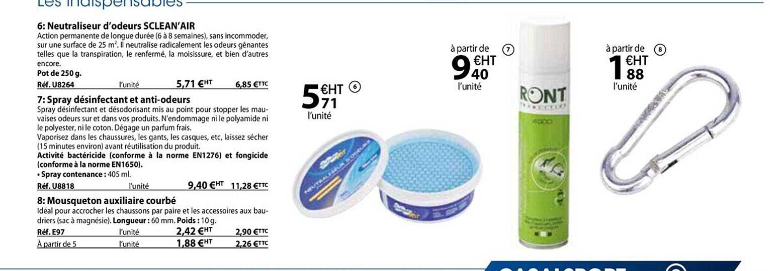 neutraliseur d'odeurs sclean'air, spray désinfectant et anti-odeurs, mousqueton auxiliaire courbé
