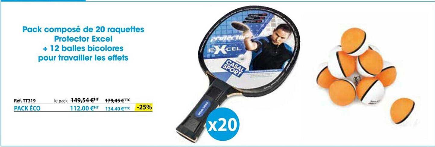 pack composé de 20 raquettes protector excel + 12 balles bicolores pour travailler les effets