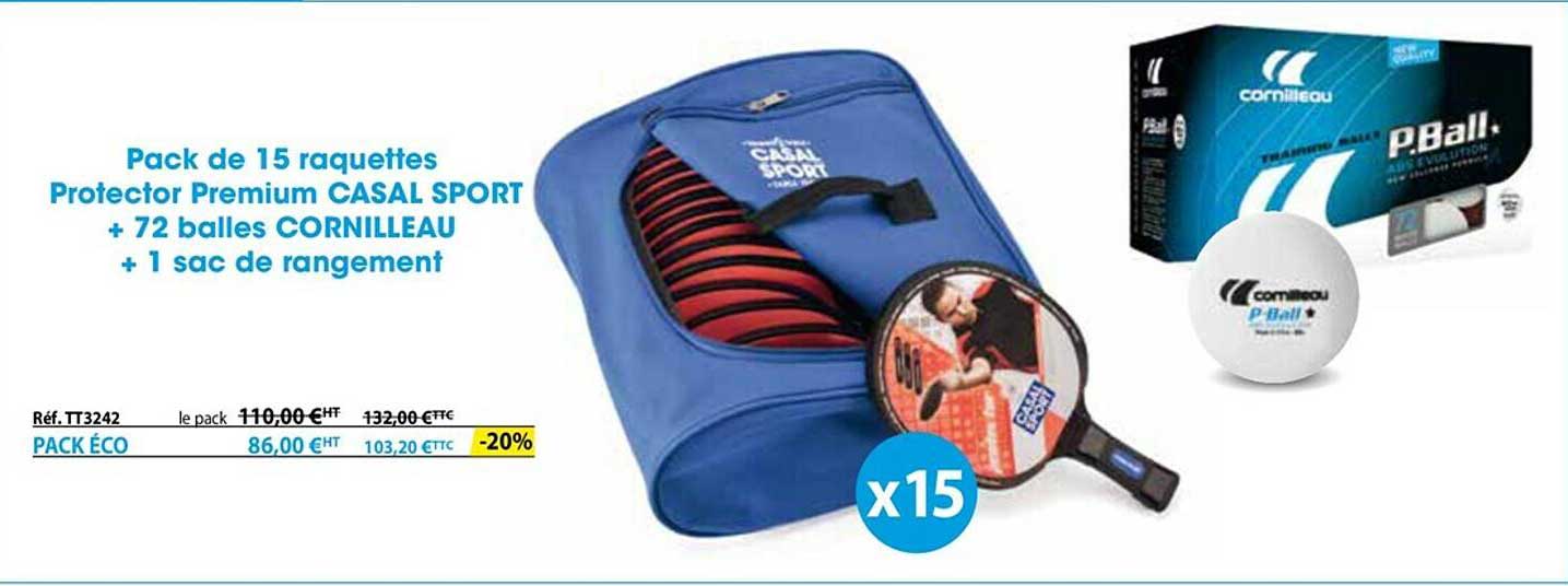 pack de 15 raquettes protector premium casal sport  + 72 balles cornilleau + 1 sac de rangement