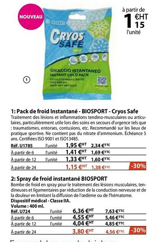 pack de froid instantané - biosport - cryos safe , spray de froid instantané biosport