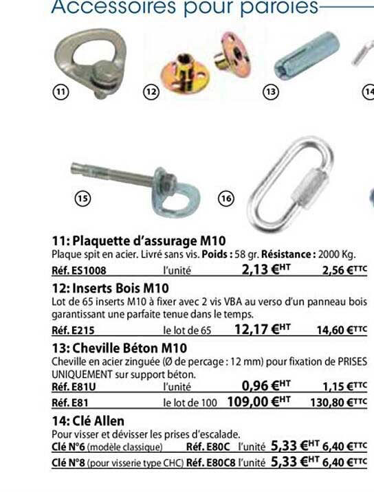 plaquette d'assurage m10, cheville béton m10, clé allen