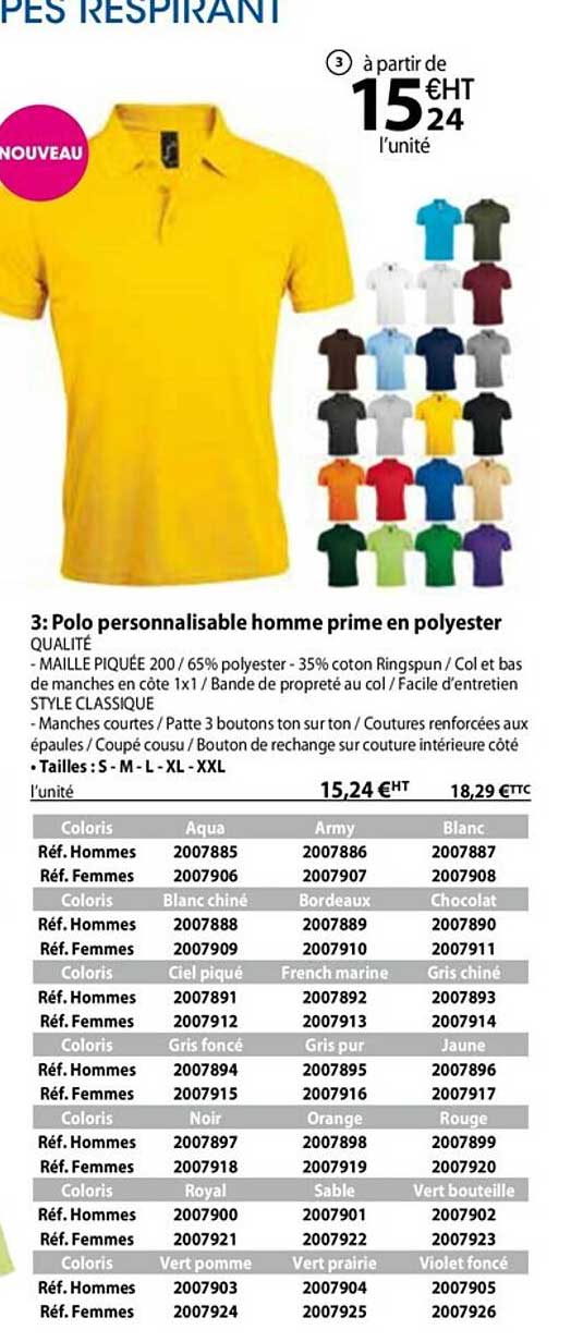 Polo Personnalisable Homme Prime En Polyester
