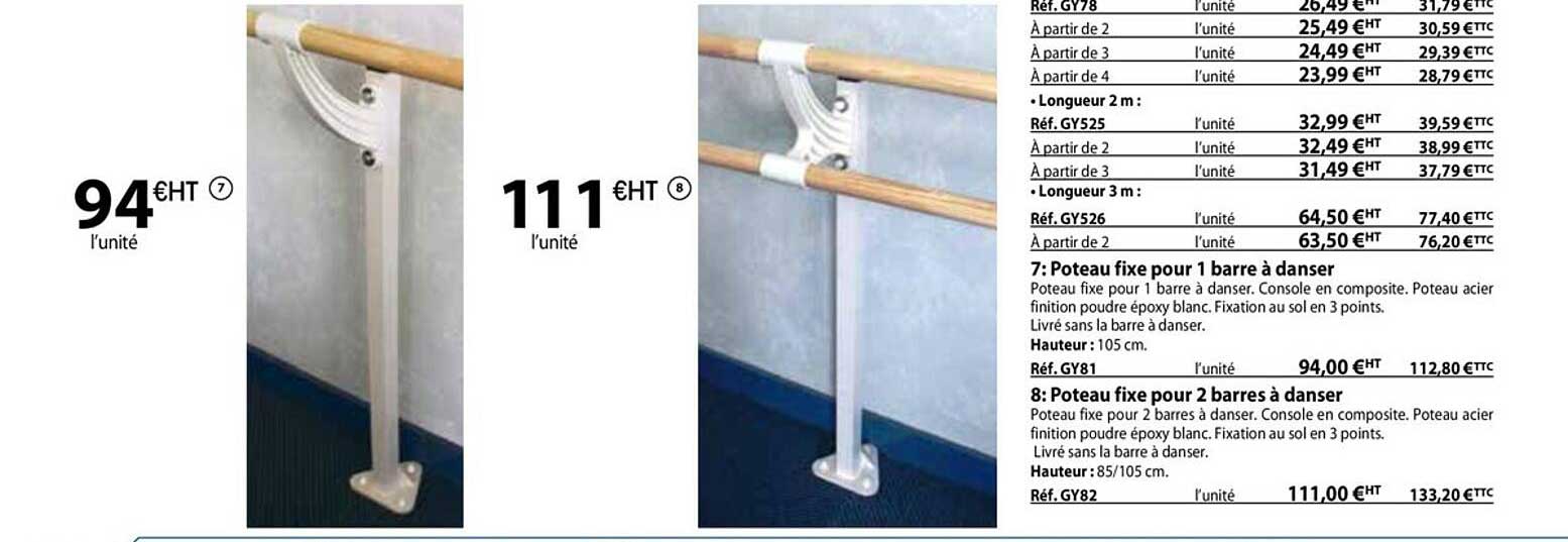 poteau fixe pour 1 barre à danser, poteau fixe pour 2 barres à danser