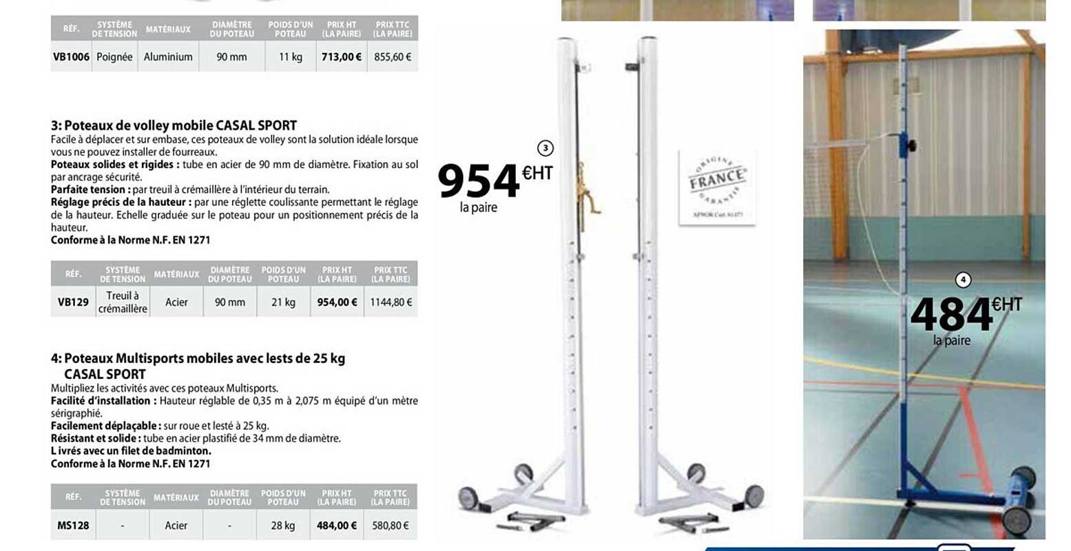 poteaux de volley mobile casal sport ou poteaux multisports mobiles avec lests de 25kg casal sport