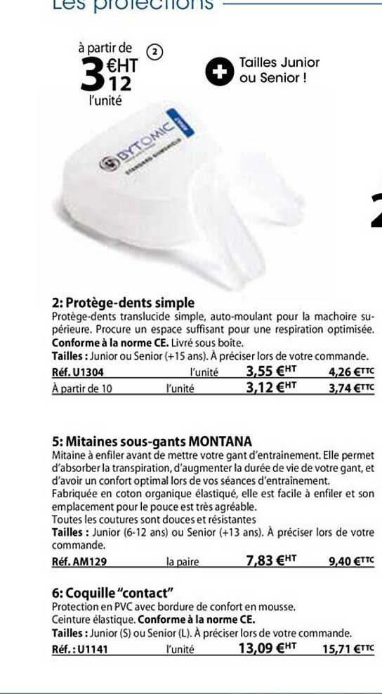 protège-dents simple, mitaines sous-gants montana, coquille "contact"