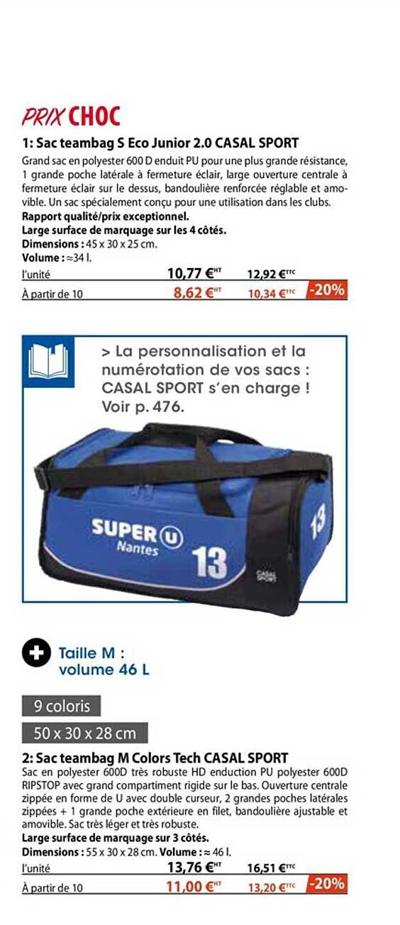 sac teambag éco junior 2.0 casal sport, sac teambag m colors tech casal sport