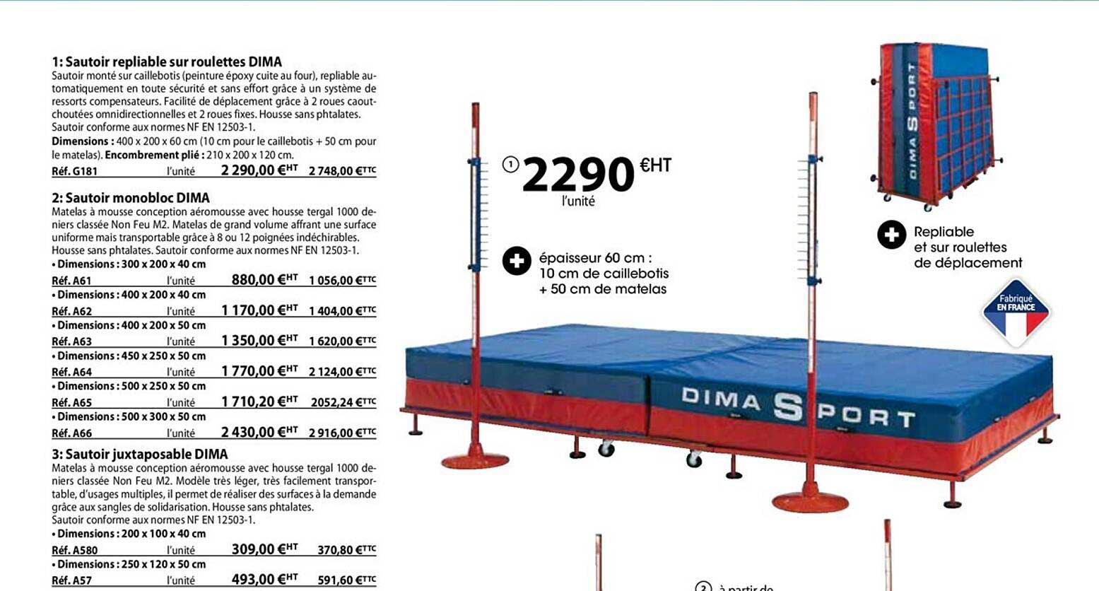 sautoir repliable sur roulettes dima, sautoir monobloc dima, sautoir juxtaposable dima