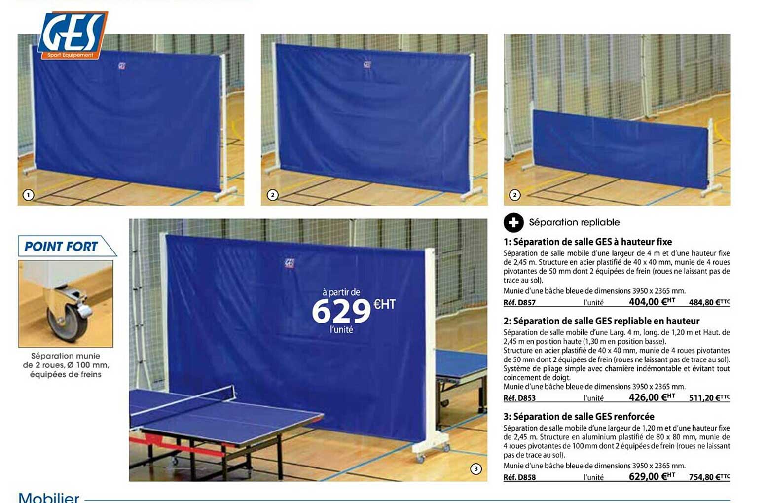 séparation de salle ges à hauteur fixe, repliable en hauteur ou renforcée