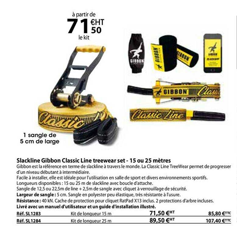 slackline gibbon classic line treewear set - 15 ou 25 mètres