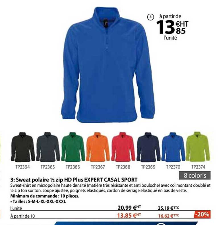sweat polaire 1-2 zip hd plus expert casal sport