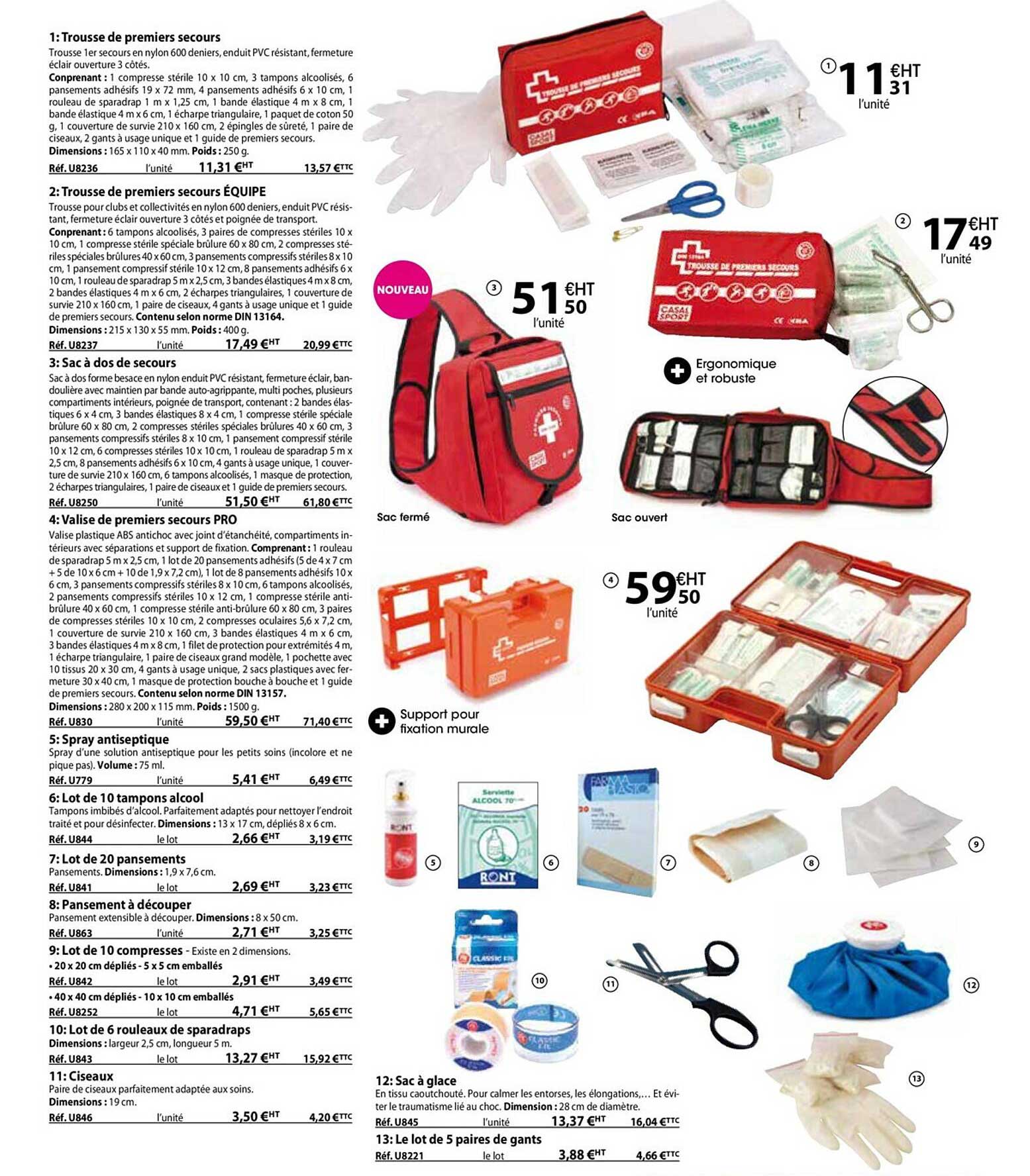 trousse de premiers secours, trousse de paniers secours équipé, sac à dos de secours, valise de premiers secours pro, spray antiseptique, lot de 10 tampons alcool, lot de 20 pansement, pansements
