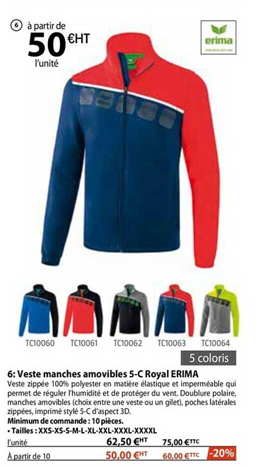 veste manches amovibles 5-c royal erima